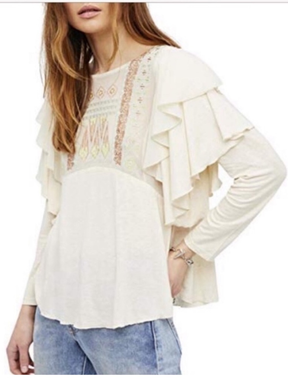 Free People La Cienega Embroidered  Western Top Size Large Almond Ruffled Mesh